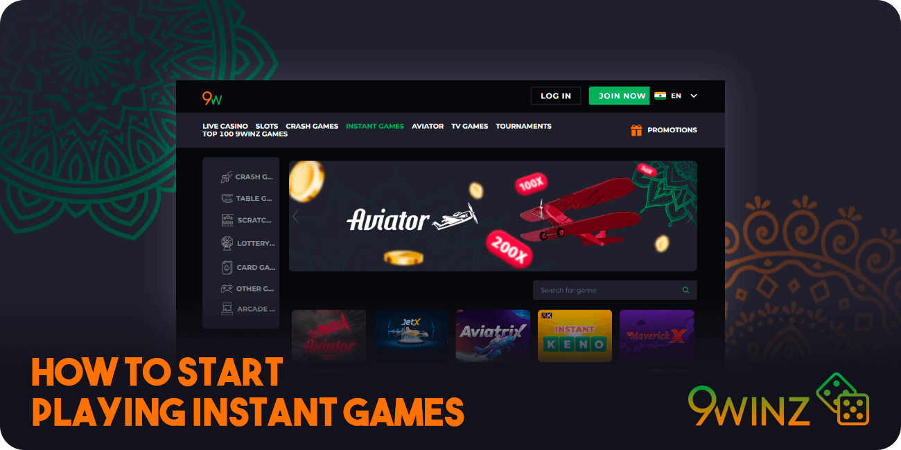 How to start playing Instant Games at 9Winz Casino India